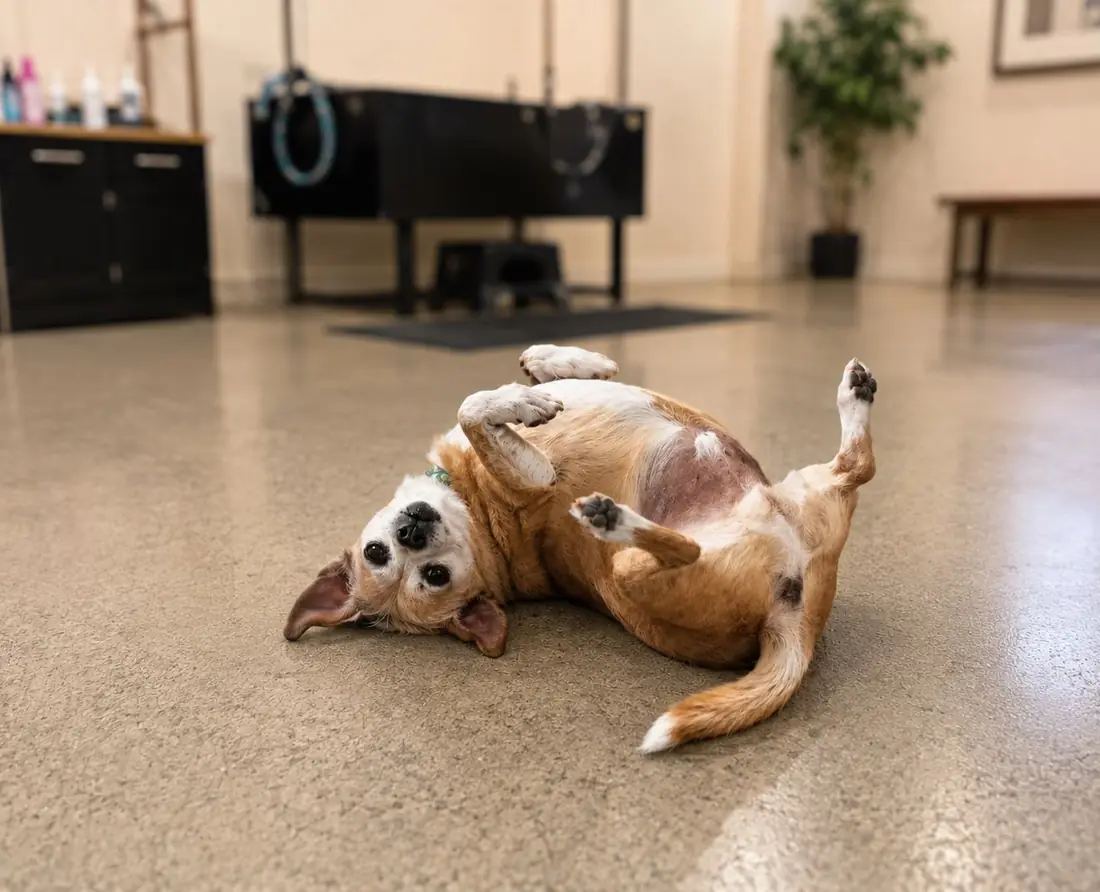 A tan and white dog rolling happily on its back on the salon floor.