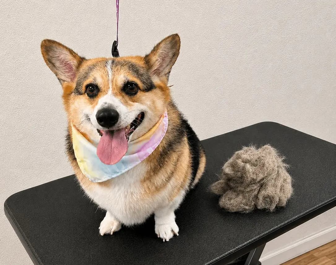 A corgi sitting on the grooming table beside the pile of undercoat removed during its de-shed.