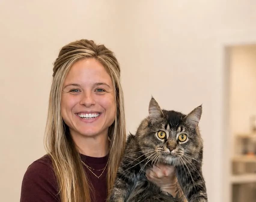 Kaylie holding a long-haired tabby cat in the salon.