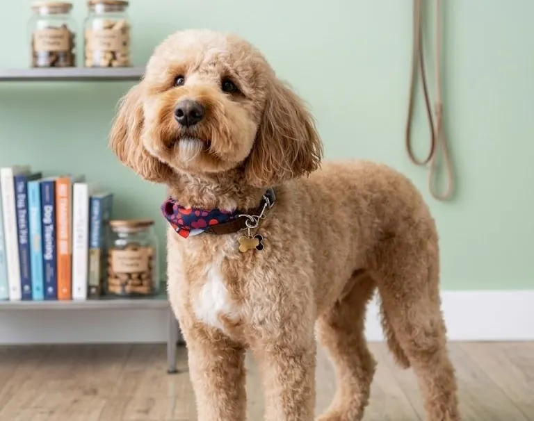 A cream goldendoodle standing in the salon after a full groom.