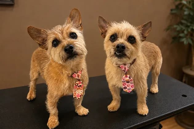 Two freshly groomed terriers in matching donut-print ties on the grooming table.