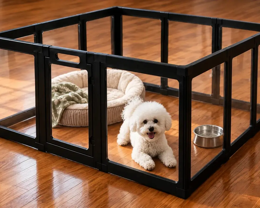 A bichon resting beside a soft bed and water bowl inside the open play pen.