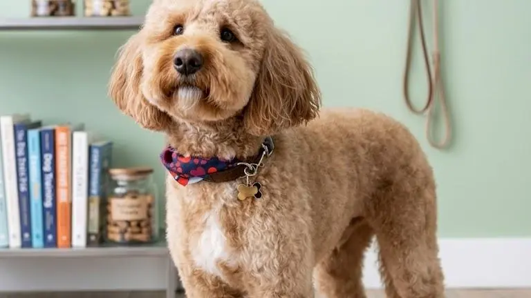 A cream goldendoodle standing in front of a bookshelf after a full groom.