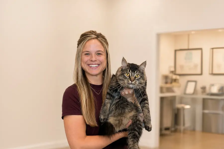 Kaylie holding a long-haired tabby cat in the salon.