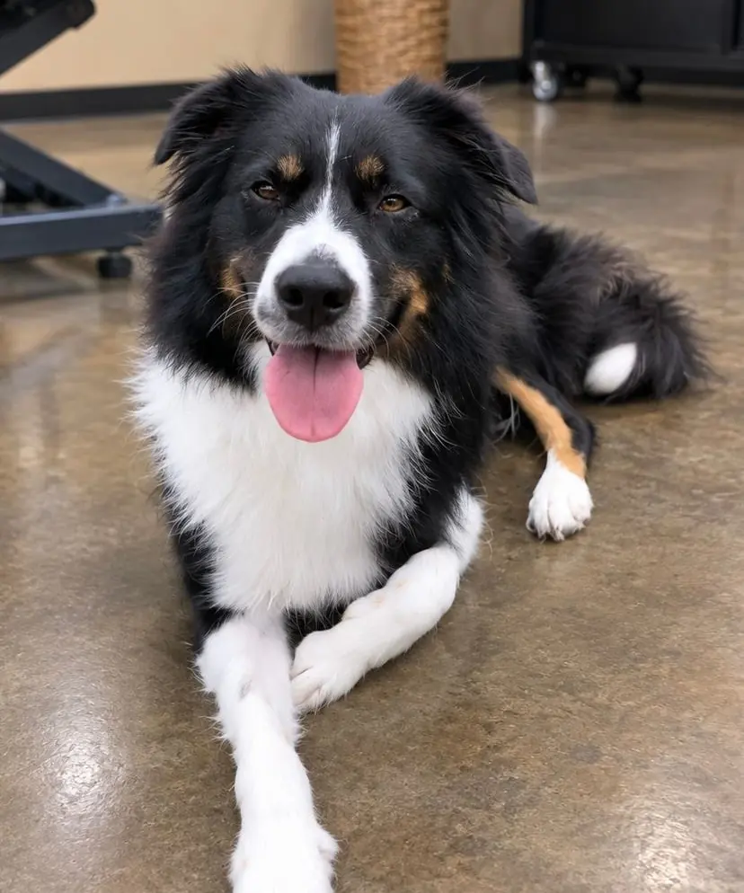 A double-coated Australian shepherd lying comfortably on the salon floor.