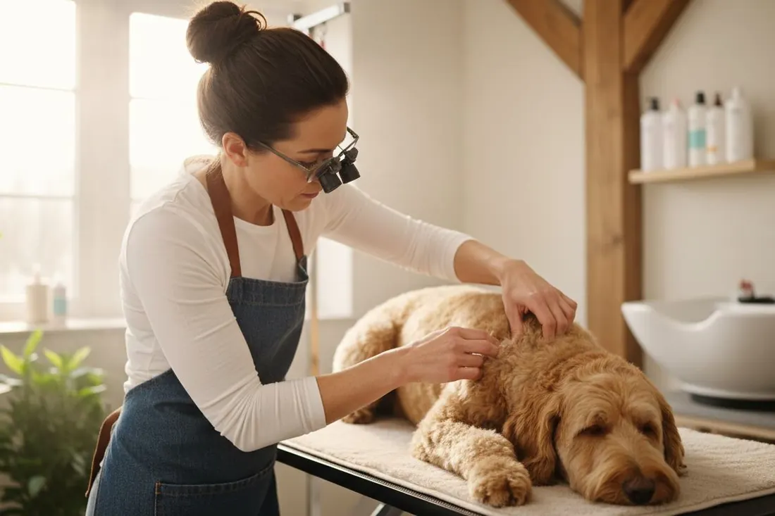A groomer working carefully through a sleeping goldendoodle’s coat.